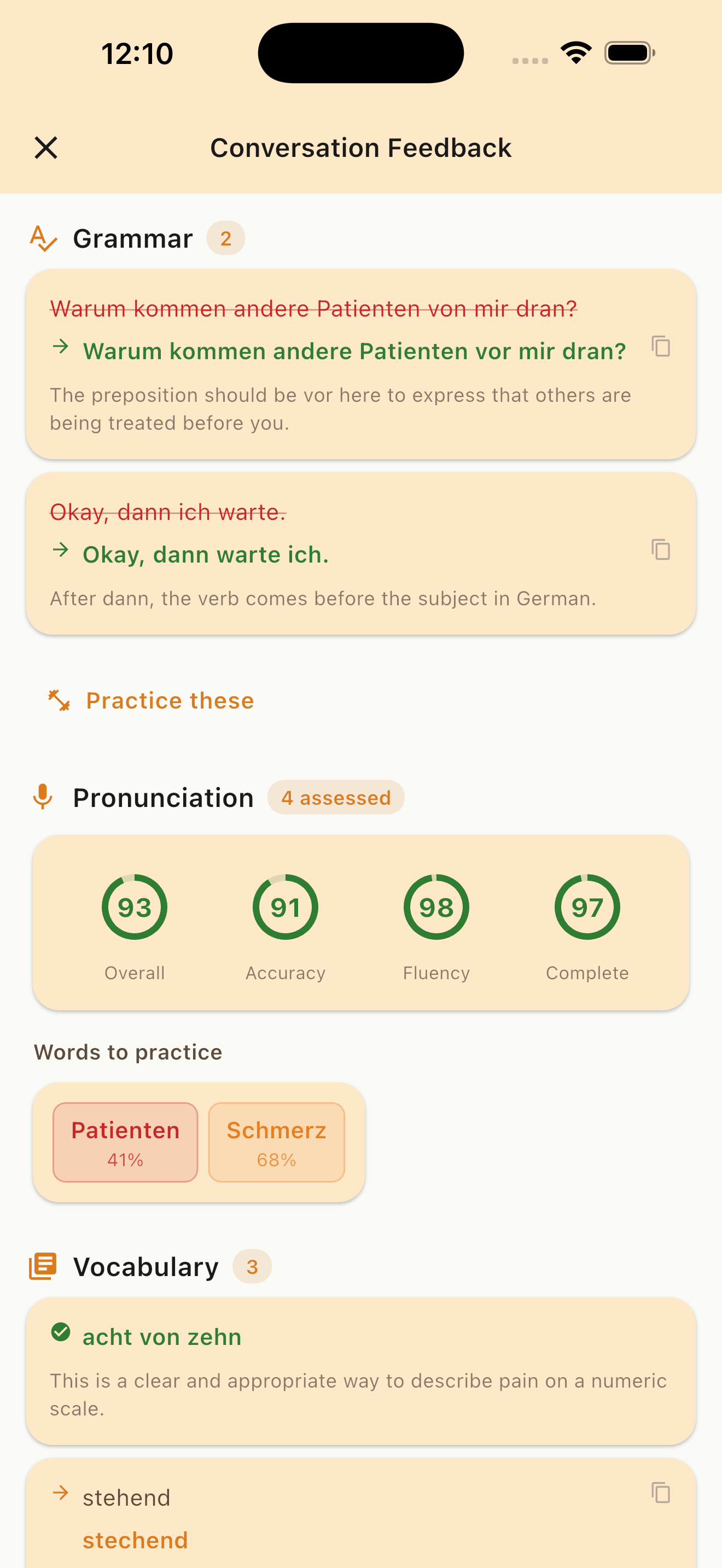 Grammar, pronunciation, and vocabulary feedback