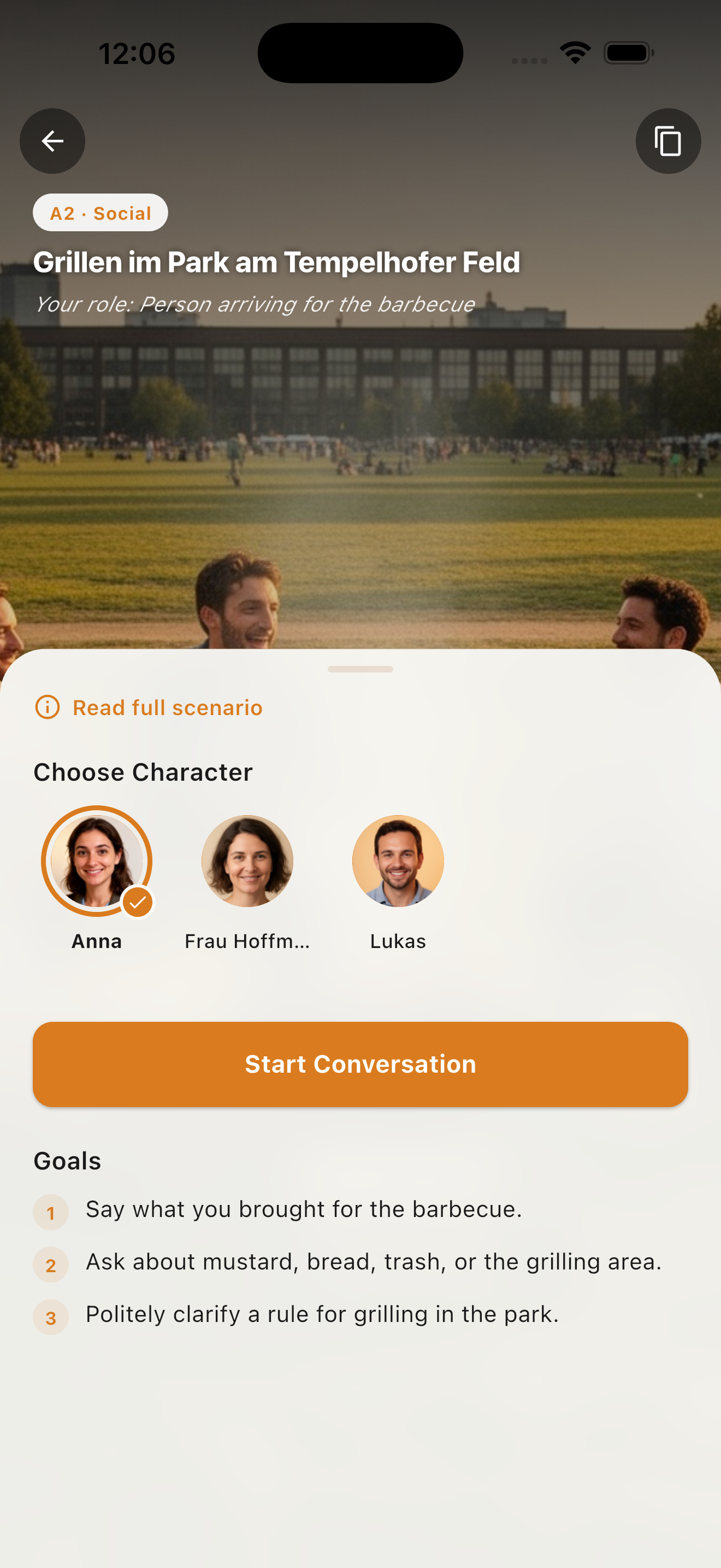 Pick a character and start a German conversation